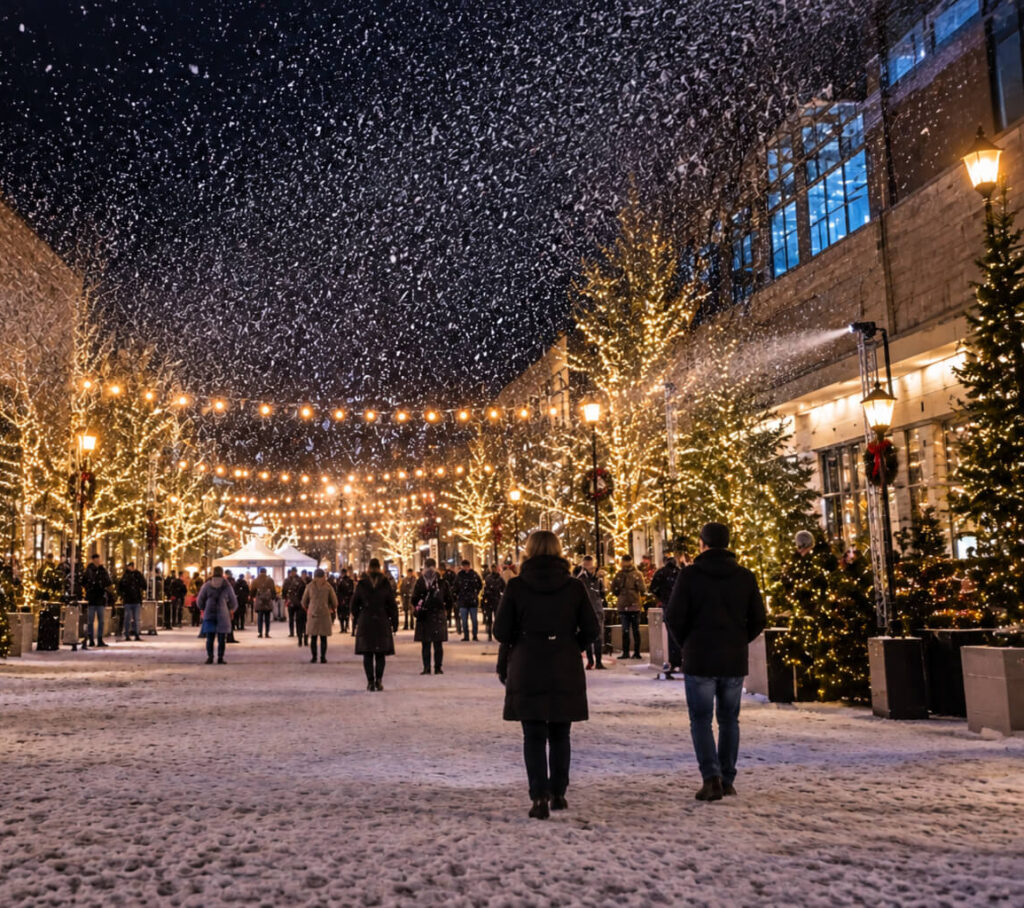Artificial snow falling over a crowd walking down a brightly lit downtown street decorated with festive holiday lights and Christmas trees at night.