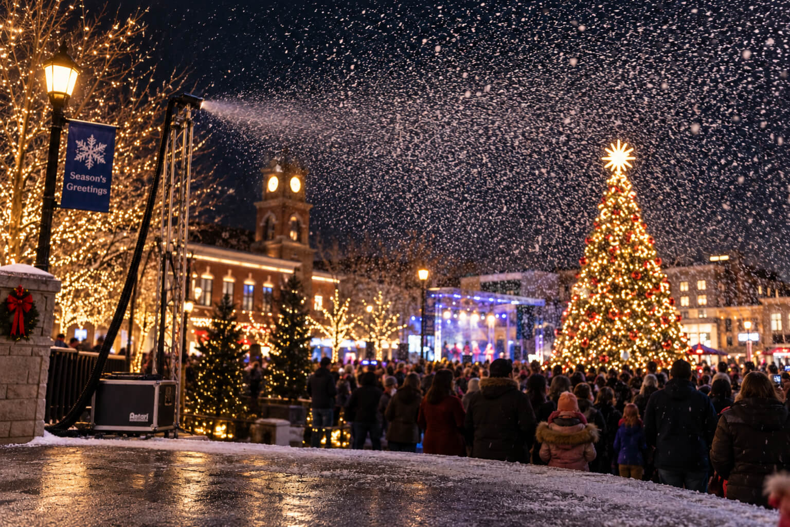 A snow machine blowing artificial snow over a crowd gathered at a night tree lighting festival, featuring a illuminated Christmas tree, glowing decorations, and a clock tower in the background.