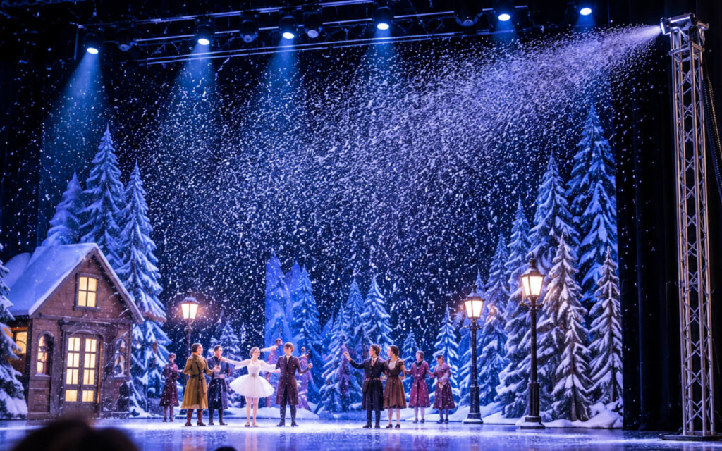 Artificial snow blowing from a stage machine onto dancers performing in a theater production set in a snowy winter village with pine trees, lamp posts, and a rustic cottage.